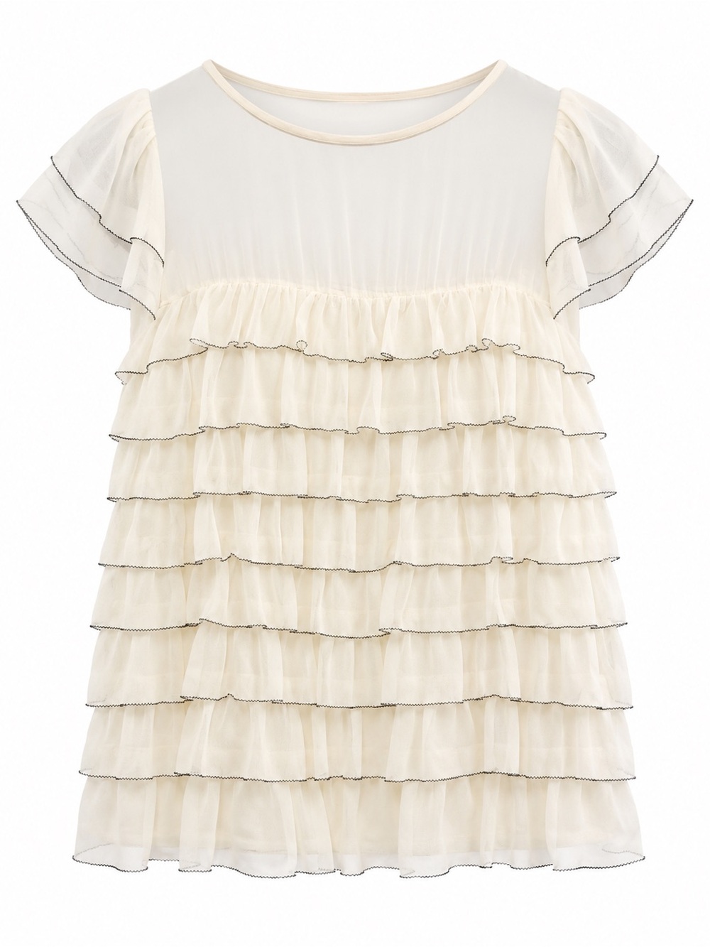 Milly Ivory Ruffled Silk Top With Sheer Cap Sleeves Size 2